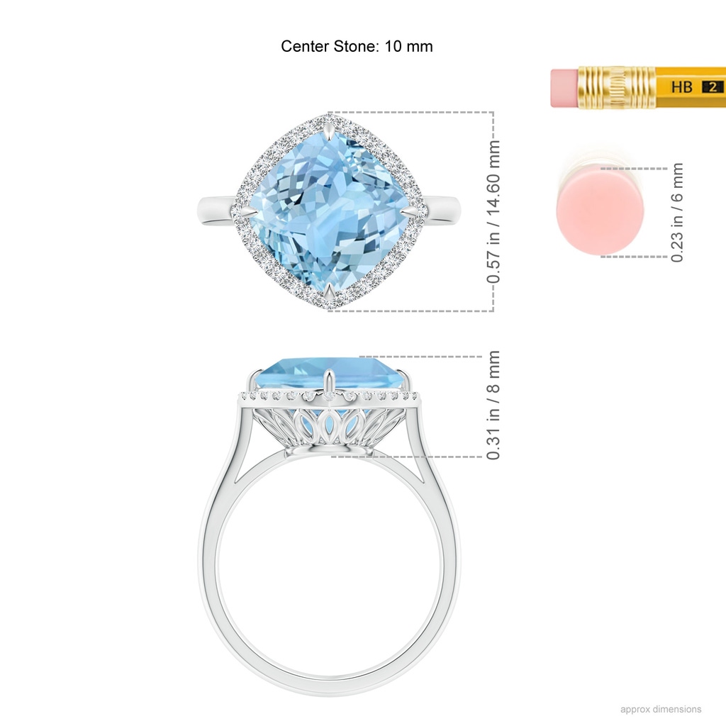 10mm AAAA Claw-Set Cushion Aquamarine Cocktail Ring with Halo in White Gold Ruler