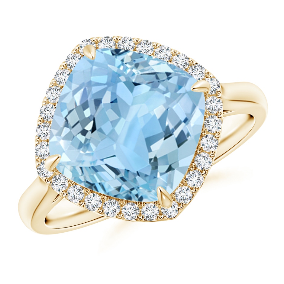 10mm AAAA Claw-Set Cushion Aquamarine Cocktail Ring with Halo in Yellow Gold 