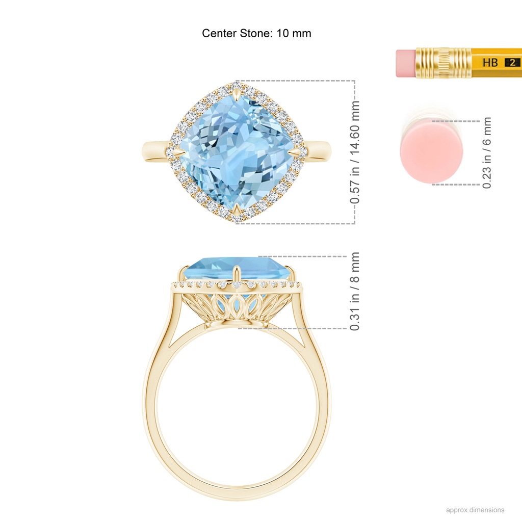 10mm AAAA Claw-Set Cushion Aquamarine Cocktail Ring with Halo in Yellow Gold Ruler