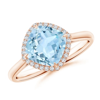 8mm AAA Claw-Set Cushion Aquamarine Cocktail Ring with Halo in 9K Rose Gold