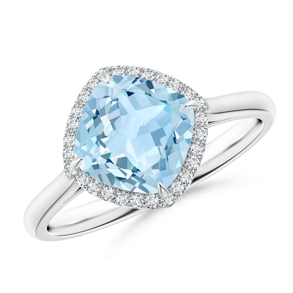 8mm AAA Claw-Set Cushion Aquamarine Cocktail Ring with Halo in White Gold