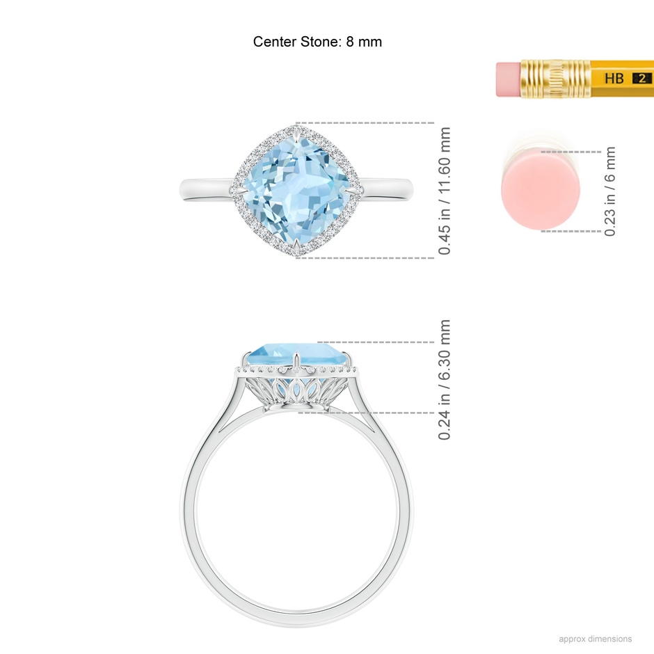 8mm AAA Claw-Set Cushion Aquamarine Cocktail Ring with Halo in White Gold ruler