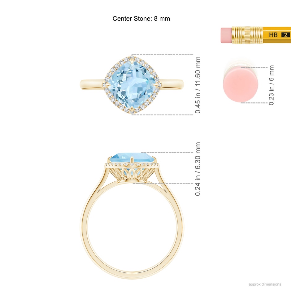 8mm AAA Claw-Set Cushion Aquamarine Cocktail Ring with Halo in Yellow Gold ruler