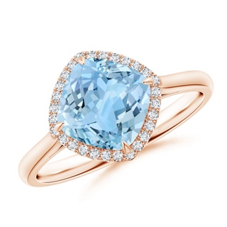 8mm AAAA Claw-Set Cushion Aquamarine Cocktail Ring with Halo in 9K Rose Gold