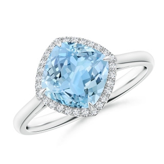 8mm AAAA Claw-Set Cushion Aquamarine Cocktail Ring with Halo in P950 Platinum