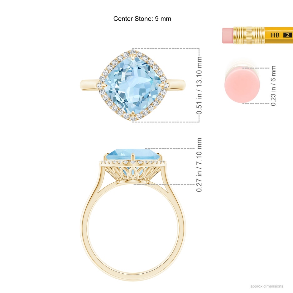 9mm AAA Claw-Set Cushion Aquamarine Cocktail Ring with Halo in Yellow Gold ruler