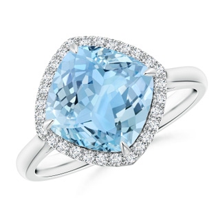 9mm AAAA Claw-Set Cushion Aquamarine Cocktail Ring with Halo in P950 Platinum