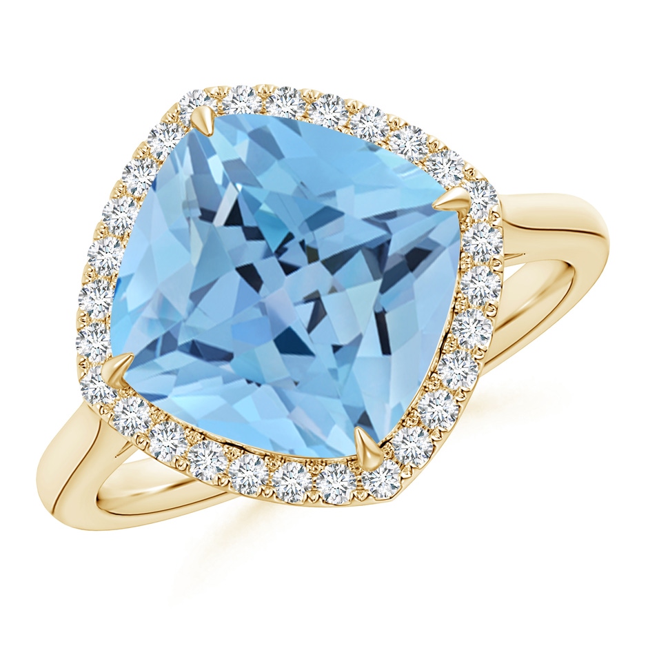 12mm AAAA Claw-Set Cushion Aquamarine Cocktail Halo Ring in Yellow Gold 