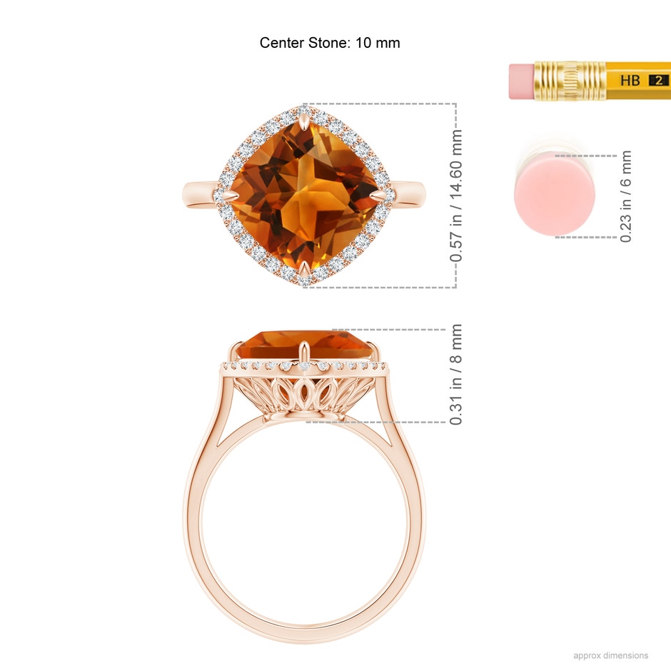 10mm AAAA Claw-Set Cushion Citrine Cocktail Halo Ring in Rose Gold ruler