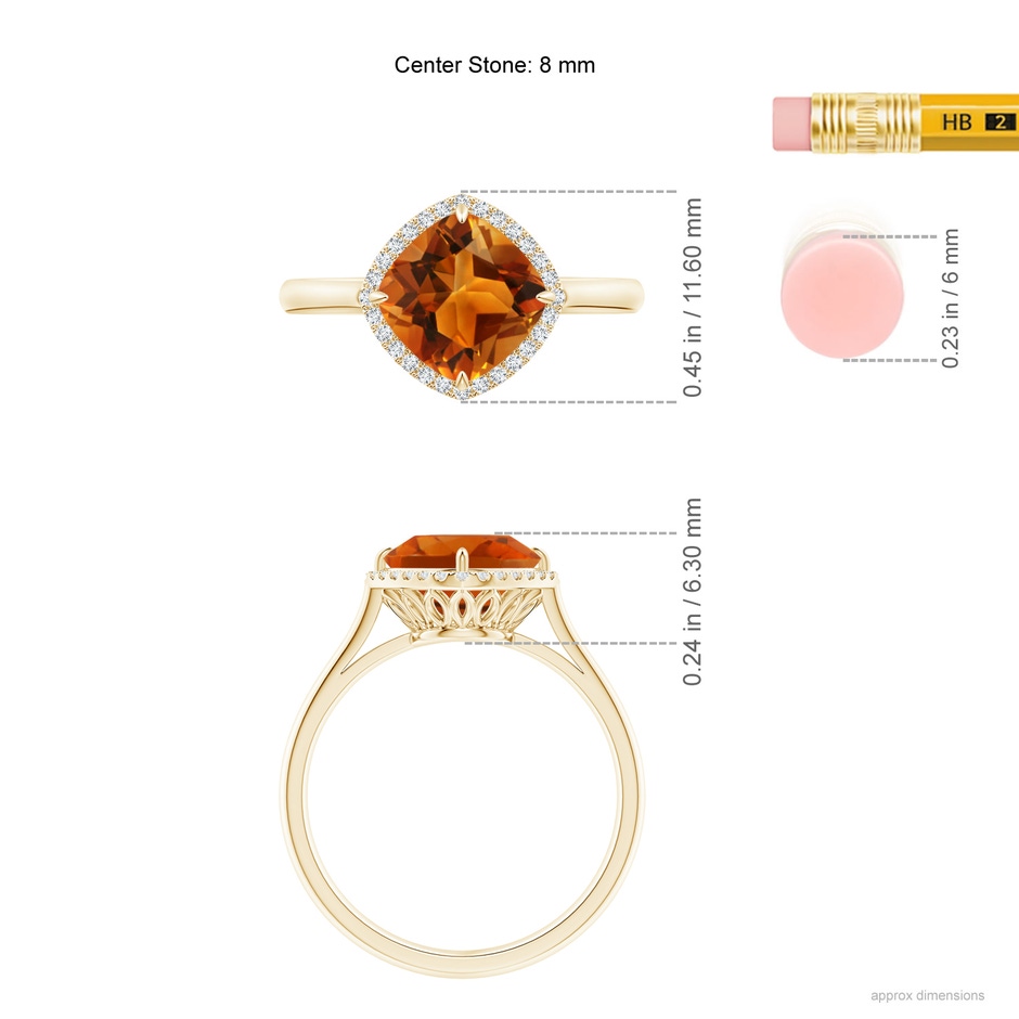 8mm AAAA Claw-Set Cushion Citrine Cocktail Halo Ring in Yellow Gold ruler