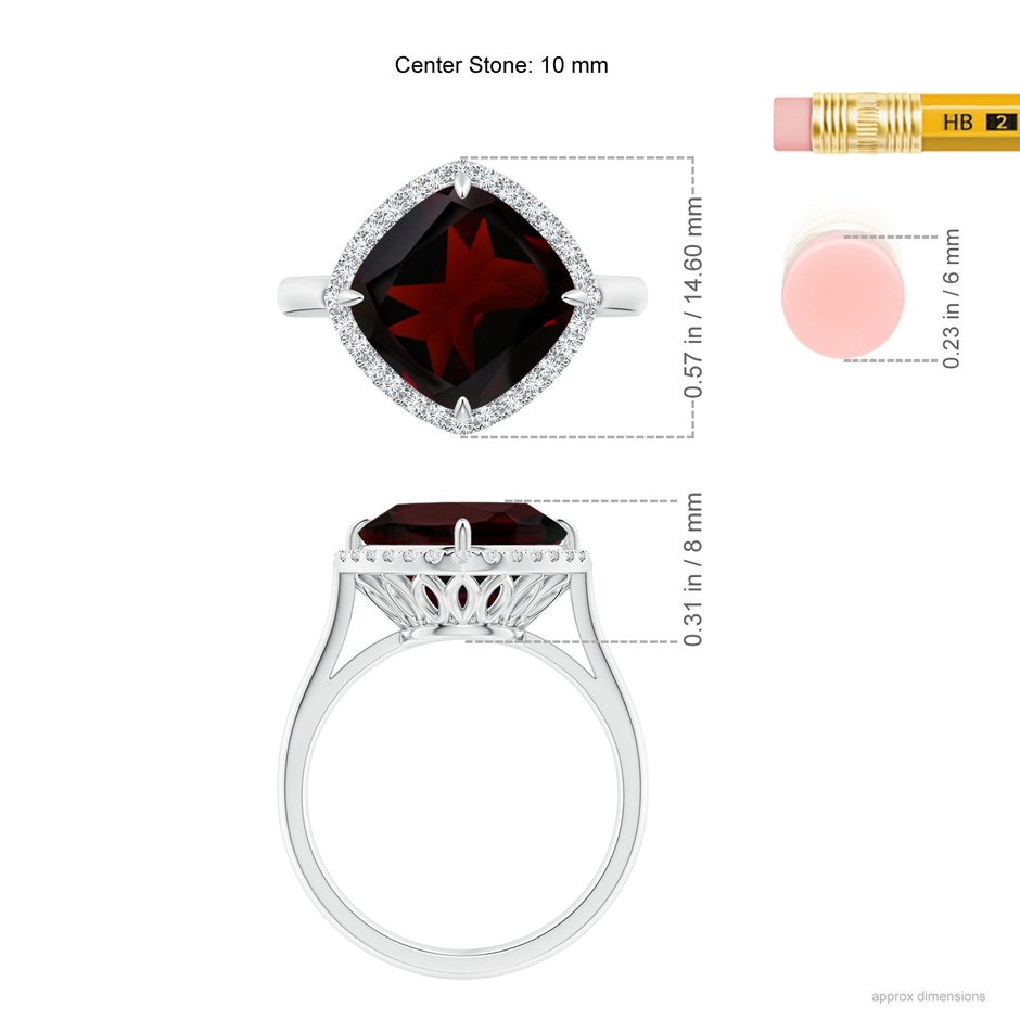 10mm A Claw-Set Cushion Garnet Cocktail Halo Ring in P950 Platinum ruler