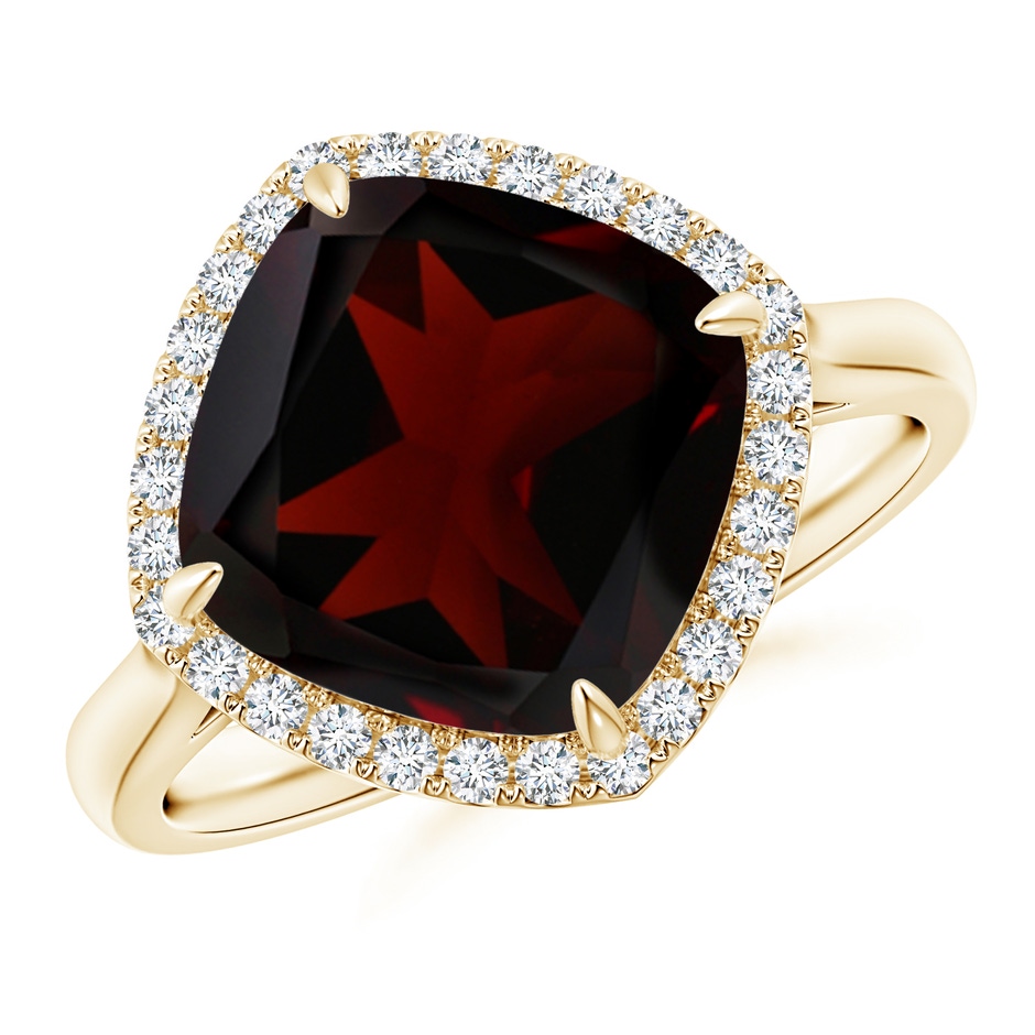 10mm A Claw-Set Cushion Garnet Cocktail Halo Ring in Yellow Gold 