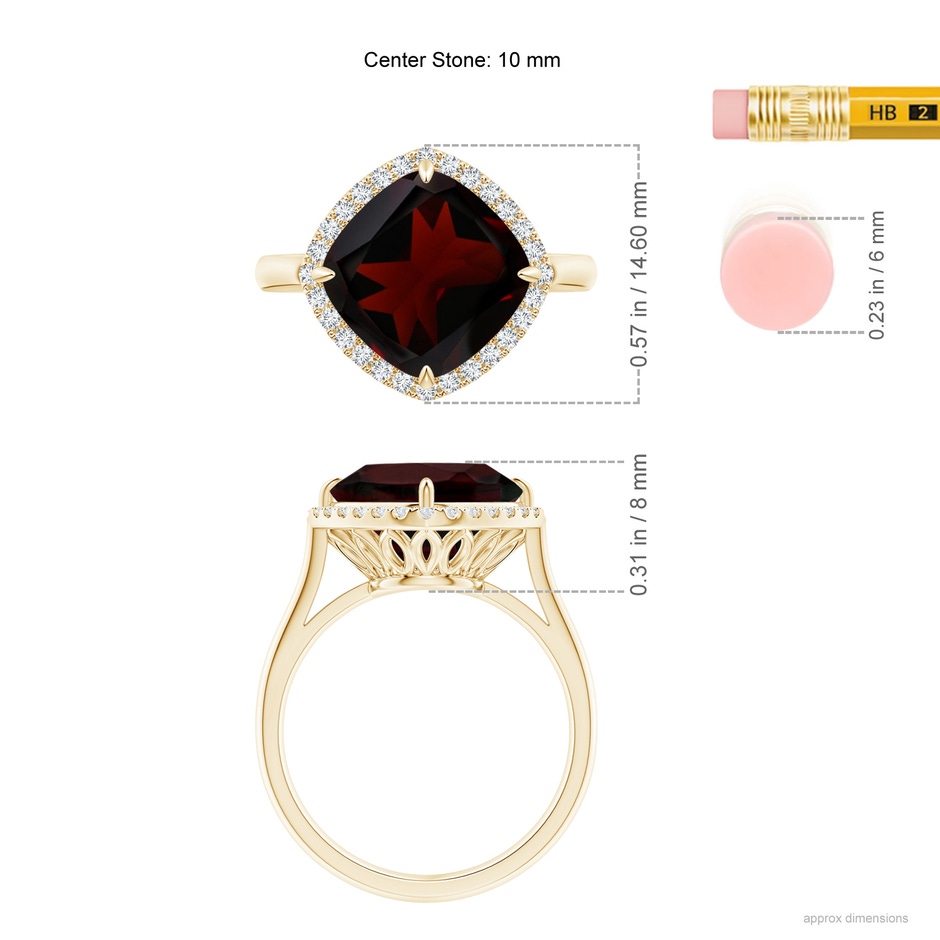 10mm A Claw-Set Cushion Garnet Cocktail Halo Ring in Yellow Gold ruler