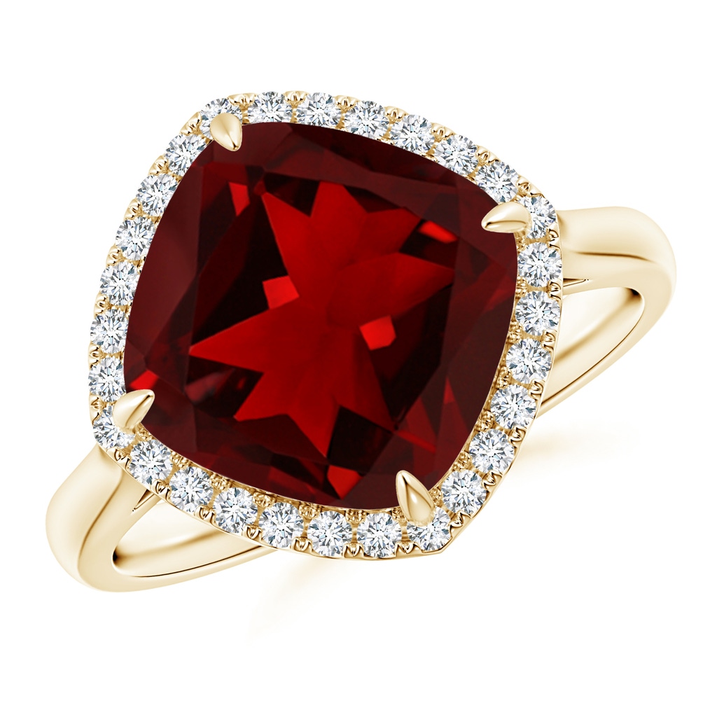 10mm AAAA Claw-Set Cushion Garnet Cocktail Halo Ring in Yellow Gold
