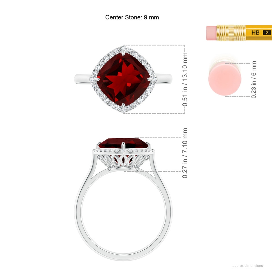 9mm AAAA Claw-Set Cushion Garnet Cocktail Halo Ring in White Gold ruler