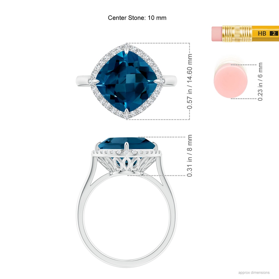 10mm AAAA Claw-Set Cushion London Blue Topaz Cocktail Halo Ring in P950 Platinum ruler