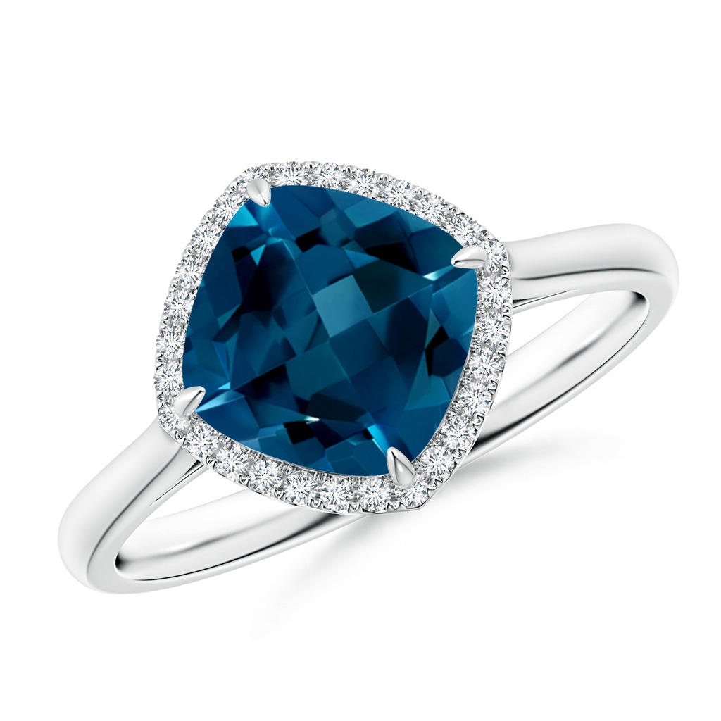 8mm AAAA Claw-Set Cushion London Blue Topaz Cocktail Halo Ring in White Gold