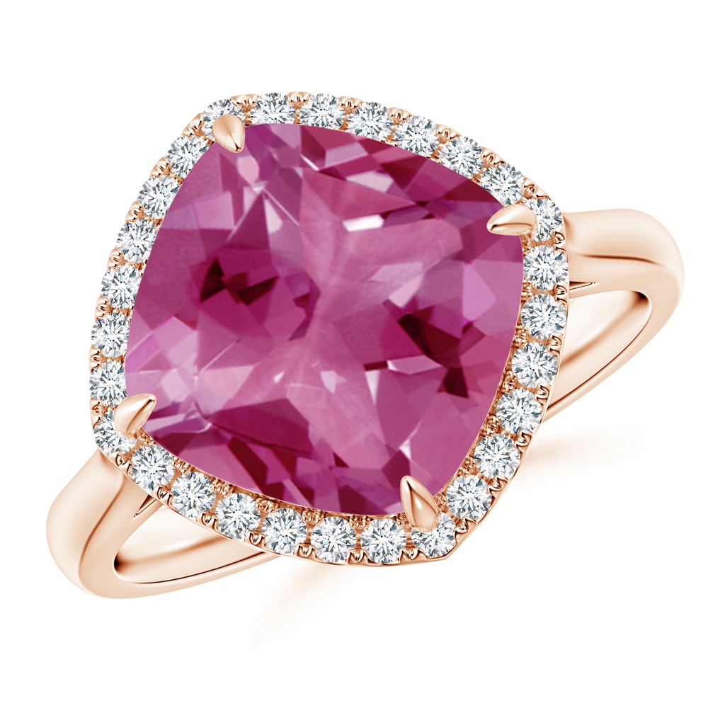 10mm AAAA Claw-Set Cushion Pink Tourmaline Cocktail Halo Ring in Rose Gold