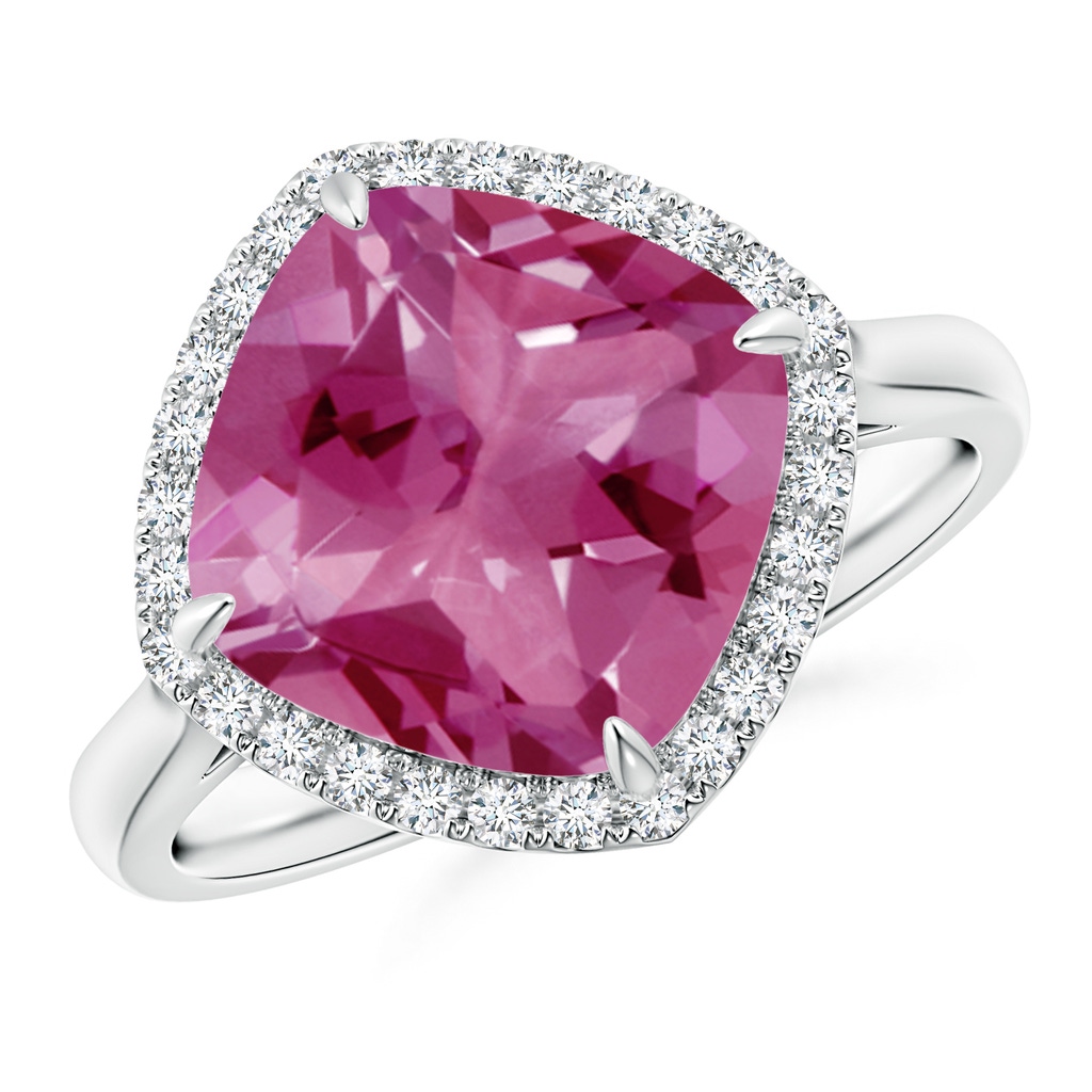 10mm AAAA Claw-Set Cushion Pink Tourmaline Cocktail Halo Ring in White Gold