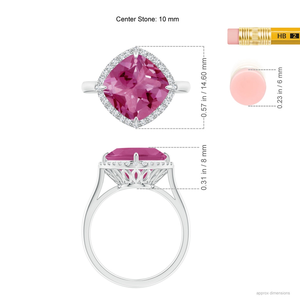 10mm AAAA Claw-Set Cushion Pink Tourmaline Cocktail Halo Ring in White Gold Ruler