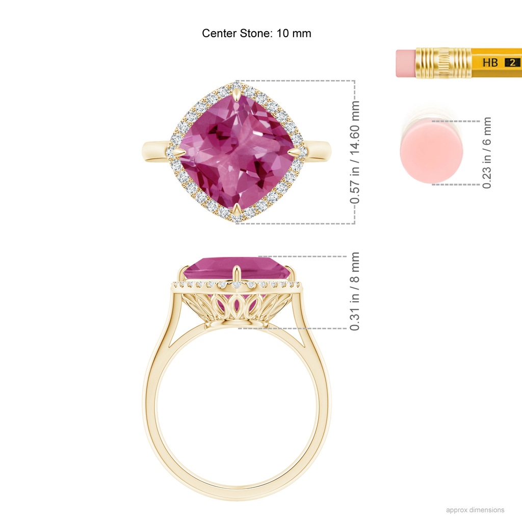 10mm AAAA Claw-Set Cushion Pink Tourmaline Cocktail Halo Ring in Yellow Gold Ruler