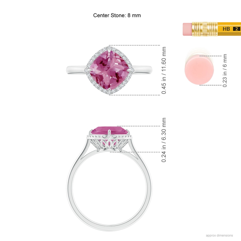 8mm AAA Claw-Set Cushion Pink Tourmaline Cocktail Halo Ring in P950 Platinum Ruler