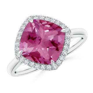 9mm AAAA Claw-Set Cushion Pink Tourmaline Cocktail Halo Ring in P950 Platinum