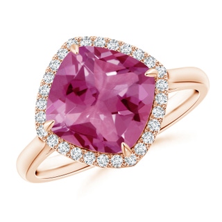 9mm AAAA Claw-Set Cushion Pink Tourmaline Cocktail Halo Ring in Rose Gold