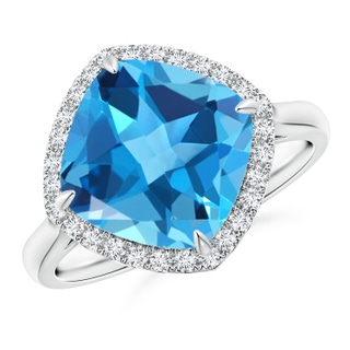 10mm AAA Claw-Set Cushion Swiss Blue Topaz Cocktail Halo Ring in White Gold