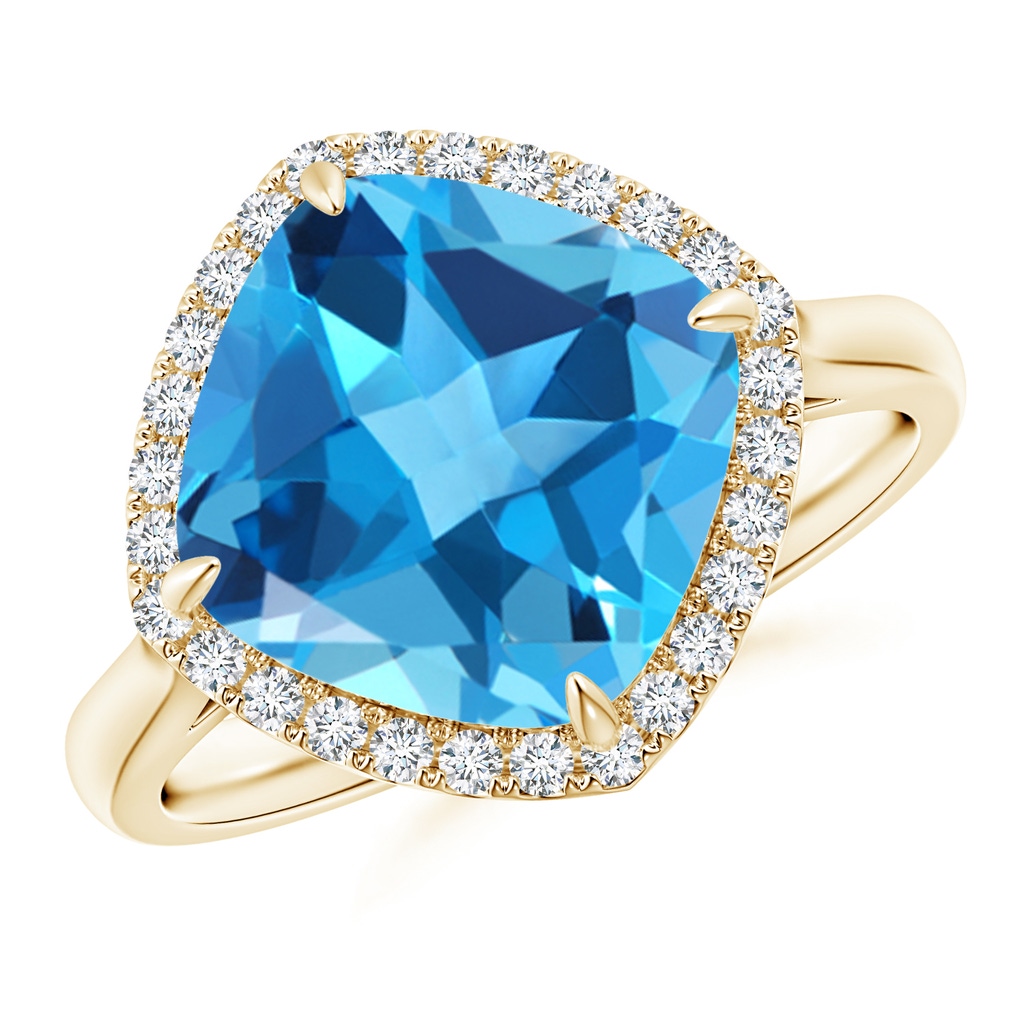 10mm AAA Claw-Set Cushion Swiss Blue Topaz Cocktail Halo Ring in Yellow Gold