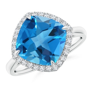 10mm AAAA Claw-Set Cushion Swiss Blue Topaz Cocktail Halo Ring in P950 Platinum