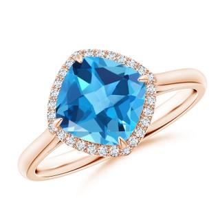 8mm AAA Claw-Set Cushion Swiss Blue Topaz Cocktail Halo Ring in 10K Rose Gold