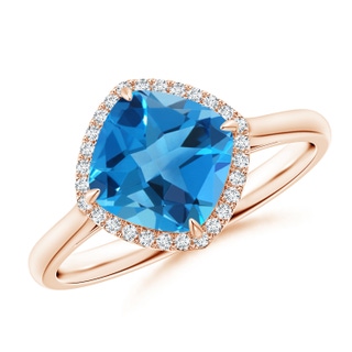 8mm AAAA Claw-Set Cushion Swiss Blue Topaz Cocktail Halo Ring in 10K Rose Gold