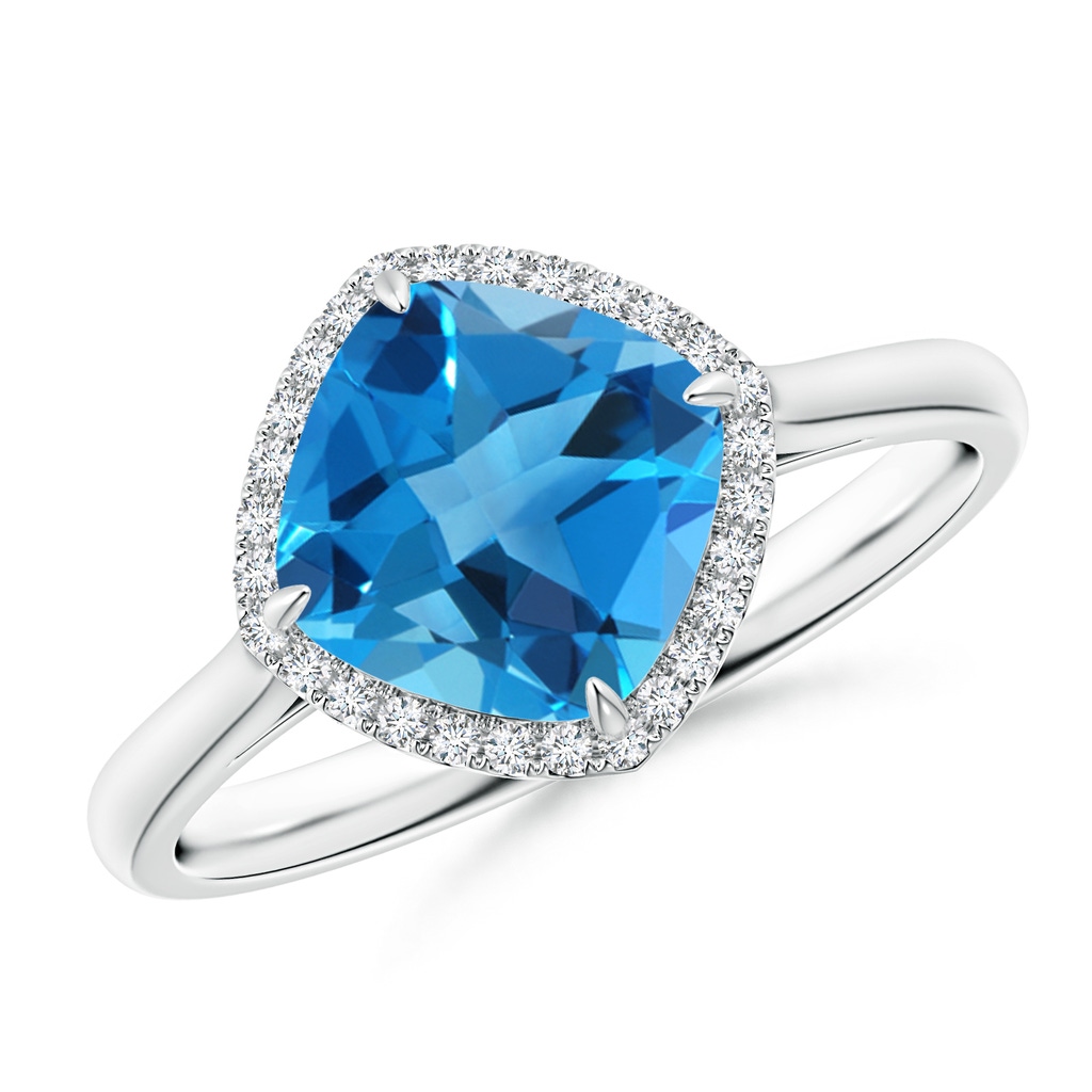 8mm AAAA Claw-Set Cushion Swiss Blue Topaz Cocktail Halo Ring in White Gold