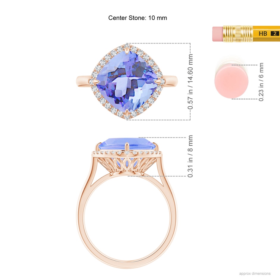 10mm A Claw-Set Cushion Tanzanite Cocktail Halo Ring in Rose Gold ruler