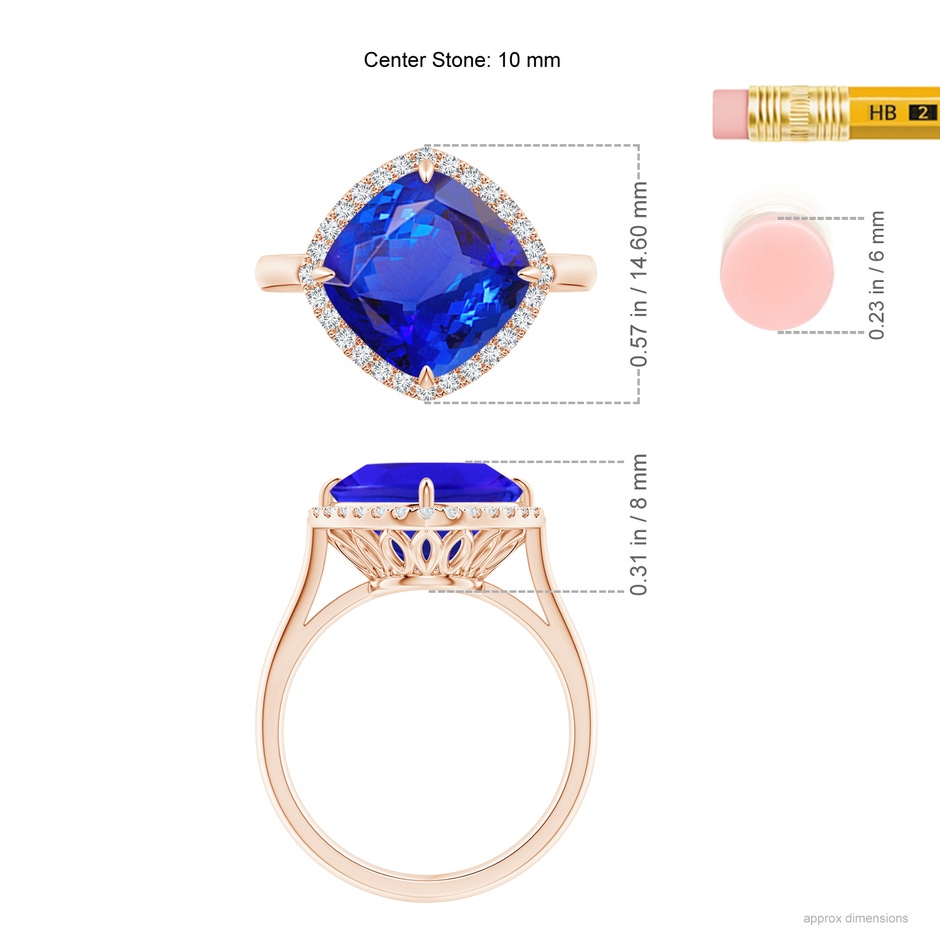 10mm AAA Claw-Set Cushion Tanzanite Cocktail Halo Ring in Rose Gold ruler