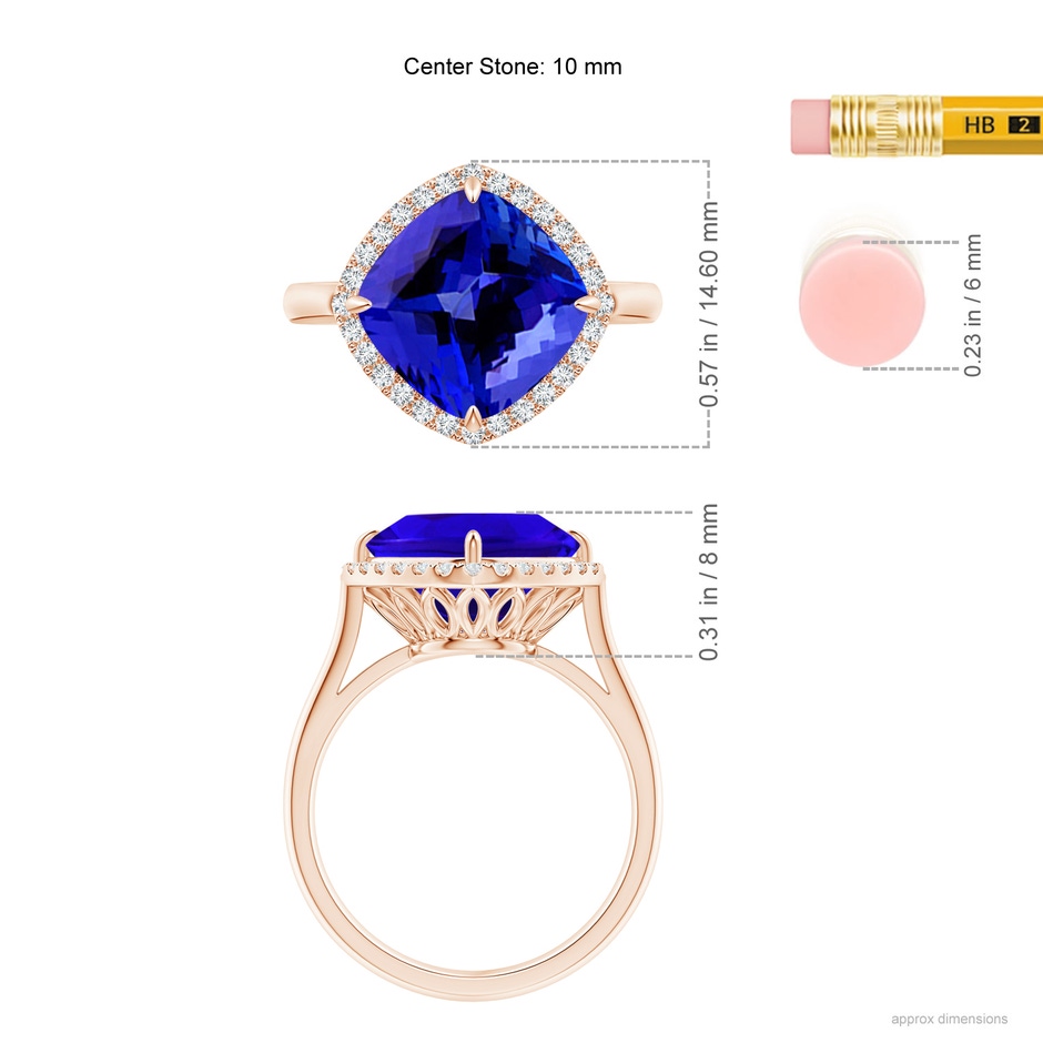 10mm AAAA Claw-Set Cushion Tanzanite Cocktail Halo Ring in Rose Gold ruler
