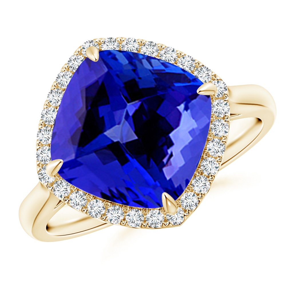 10mm AAAA Claw-Set Cushion Tanzanite Cocktail Halo Ring in Yellow Gold 