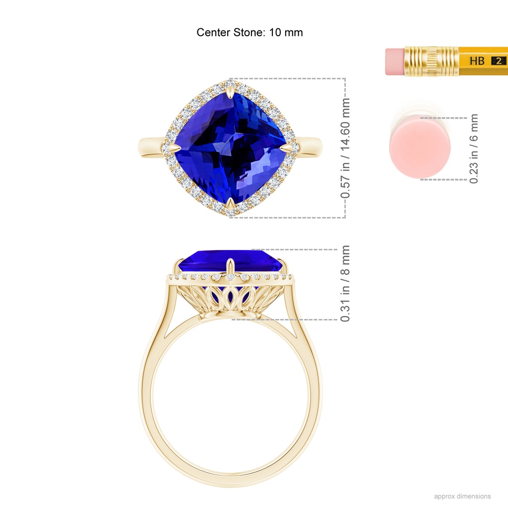 10mm AAAA Claw-Set Cushion Tanzanite Cocktail Halo Ring in Yellow Gold Ruler