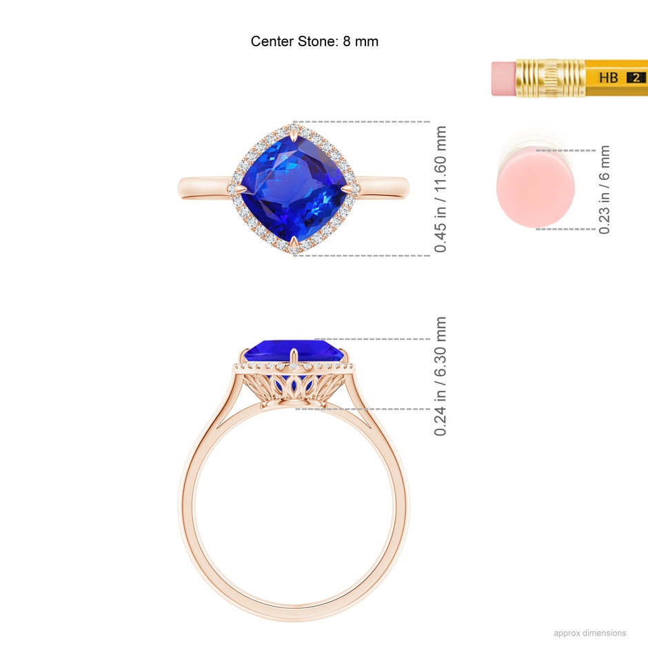 8mm AAA Claw-Set Cushion Tanzanite Cocktail Halo Ring in Rose Gold ruler
