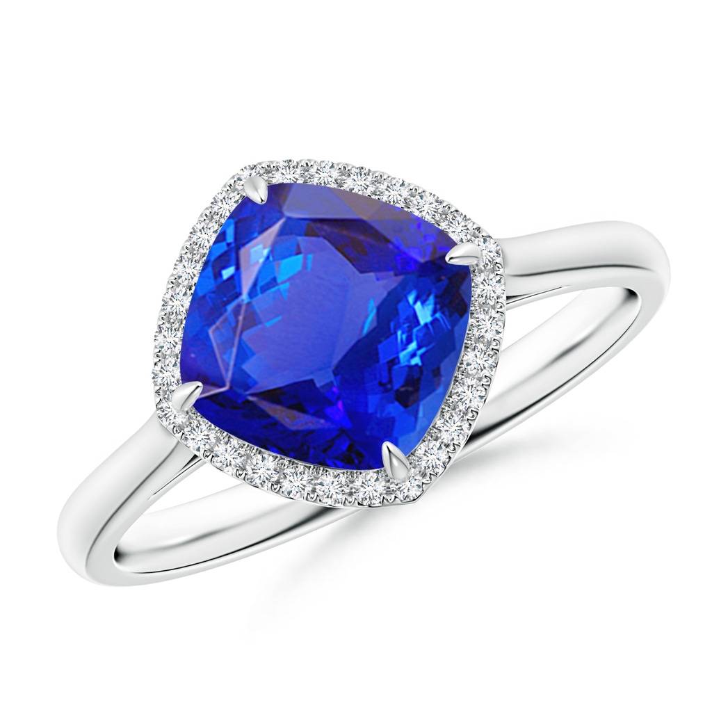 8mm AAA Claw-Set Cushion Tanzanite Cocktail Halo Ring in White Gold