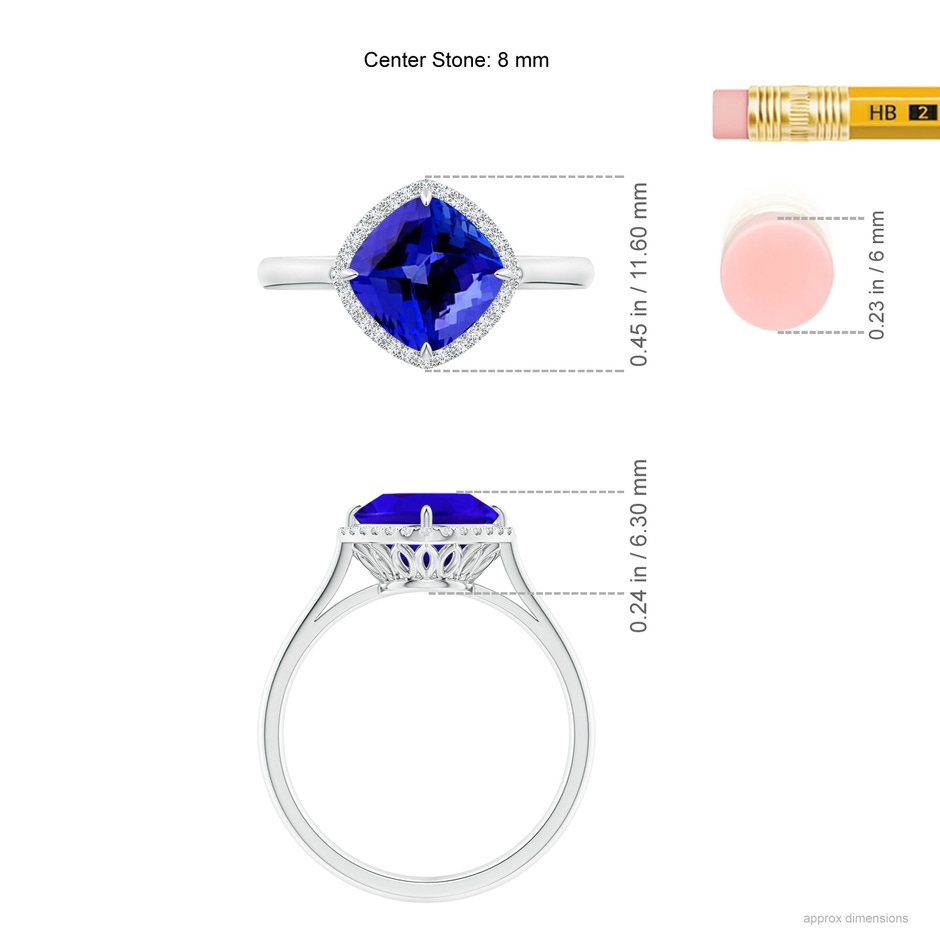 8mm AAAA Claw-Set Cushion Tanzanite Cocktail Halo Ring in White Gold ruler