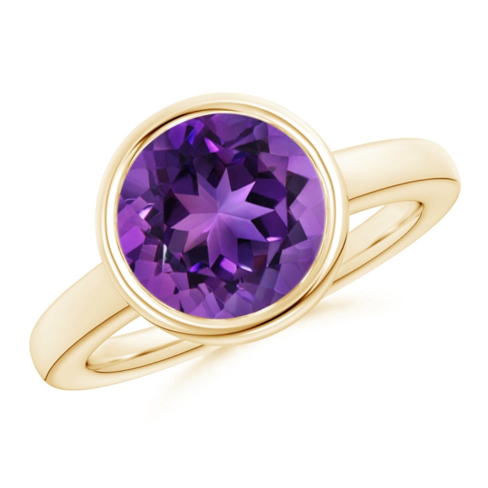 10mm AAAA Bezel-Set Round Amethyst Solitaire Engagement Ring in 9K Yellow Gold 