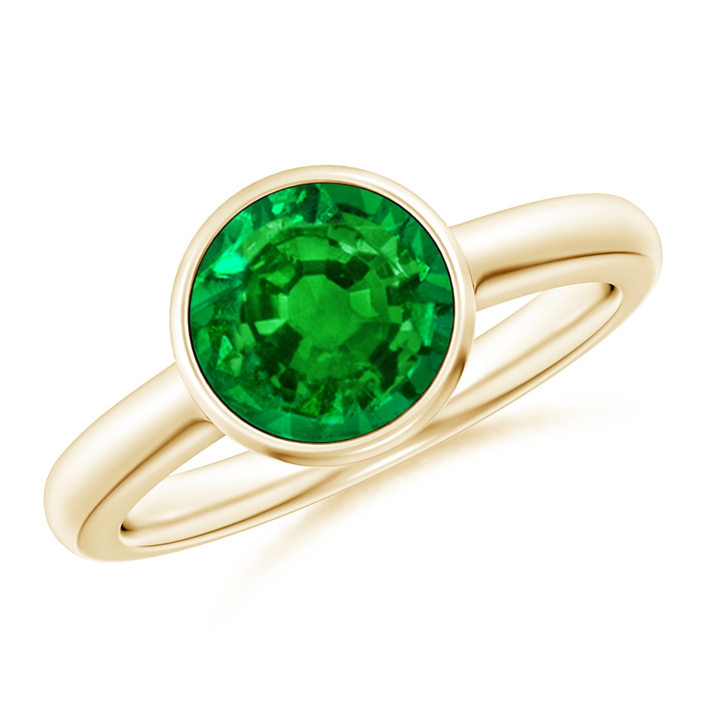 8mm AAAA Bezel-Set Round Emerald Solitaire Engagement Ring in Yellow Gold