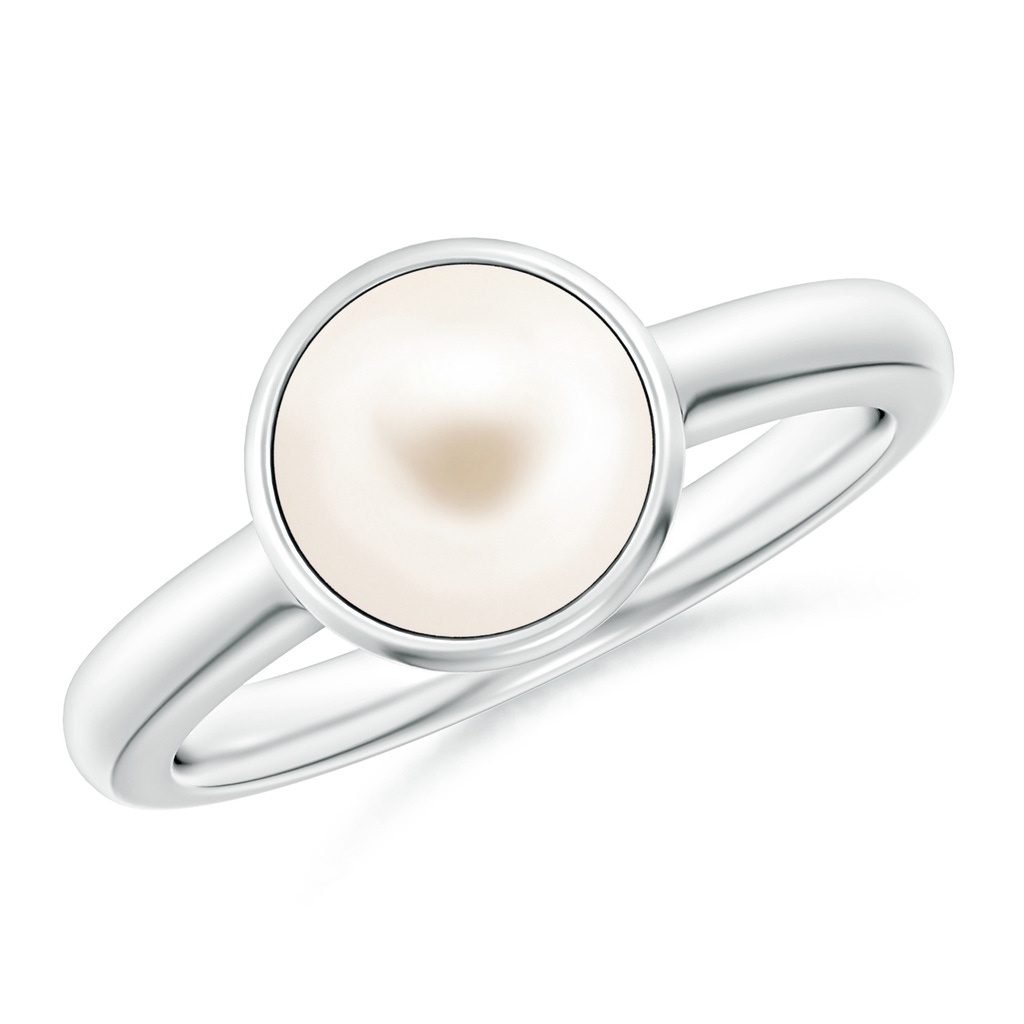 8mm AAA Bezel-Set Round Freshwater Pearl Solitaire Engagement Ring in White Gold