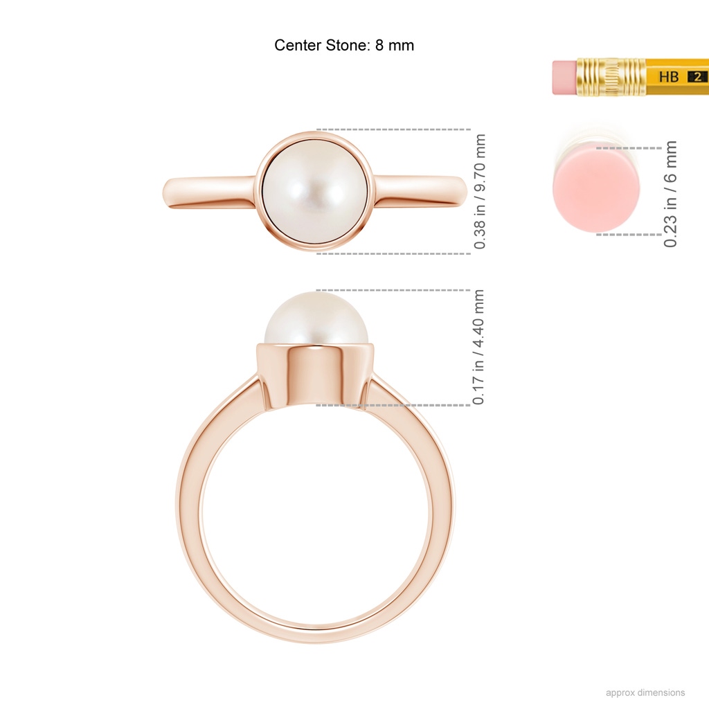8mm AAAA Bezel-Set Round Freshwater Pearl Solitaire Engagement Ring in Rose Gold Ruler