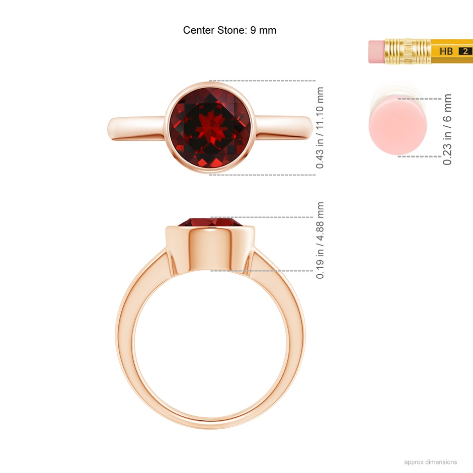 9mm AAAA Bezel-Set Round Garnet Solitaire Engagement Ring in Rose Gold ruler