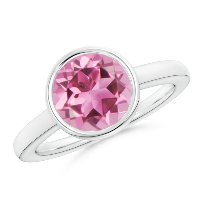 9mm AAA Bezel-Set Round Pink Tourmaline Solitaire Engagement Ring in White Gold