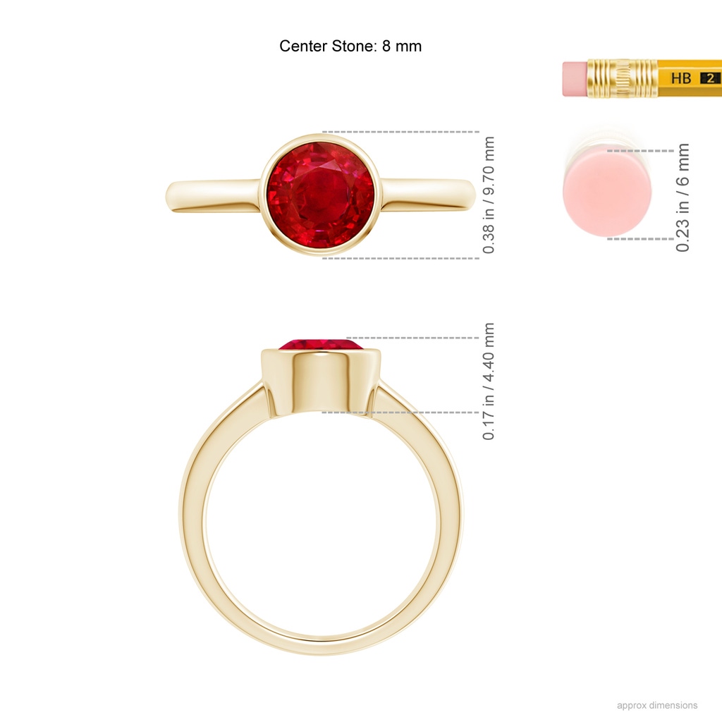 8mm AAA Bezel-Set Round Ruby Solitaire Engagement Ring in Yellow Gold Ruler