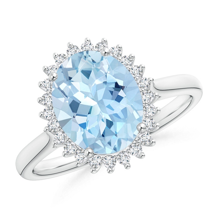 10x8mm AAA Classic Oval Aquamarine Floral Halo Ring in White Gold